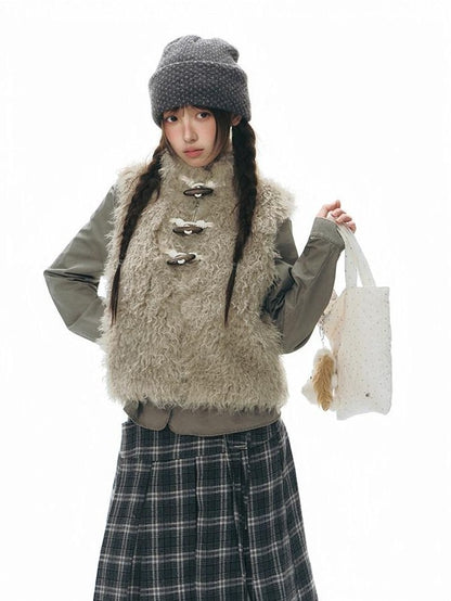 NAPSNAPS Long Pile Faux Fur Horn Toggle Stand Collar Short Women&