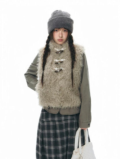 NAPSNAPS Long Pile Faux Fur Horn Toggle Stand Collar Short Women&