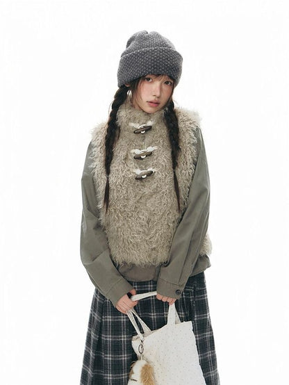 NAPSNAPS Long Pile Faux Fur Horn Toggle Stand Collar Short Women&