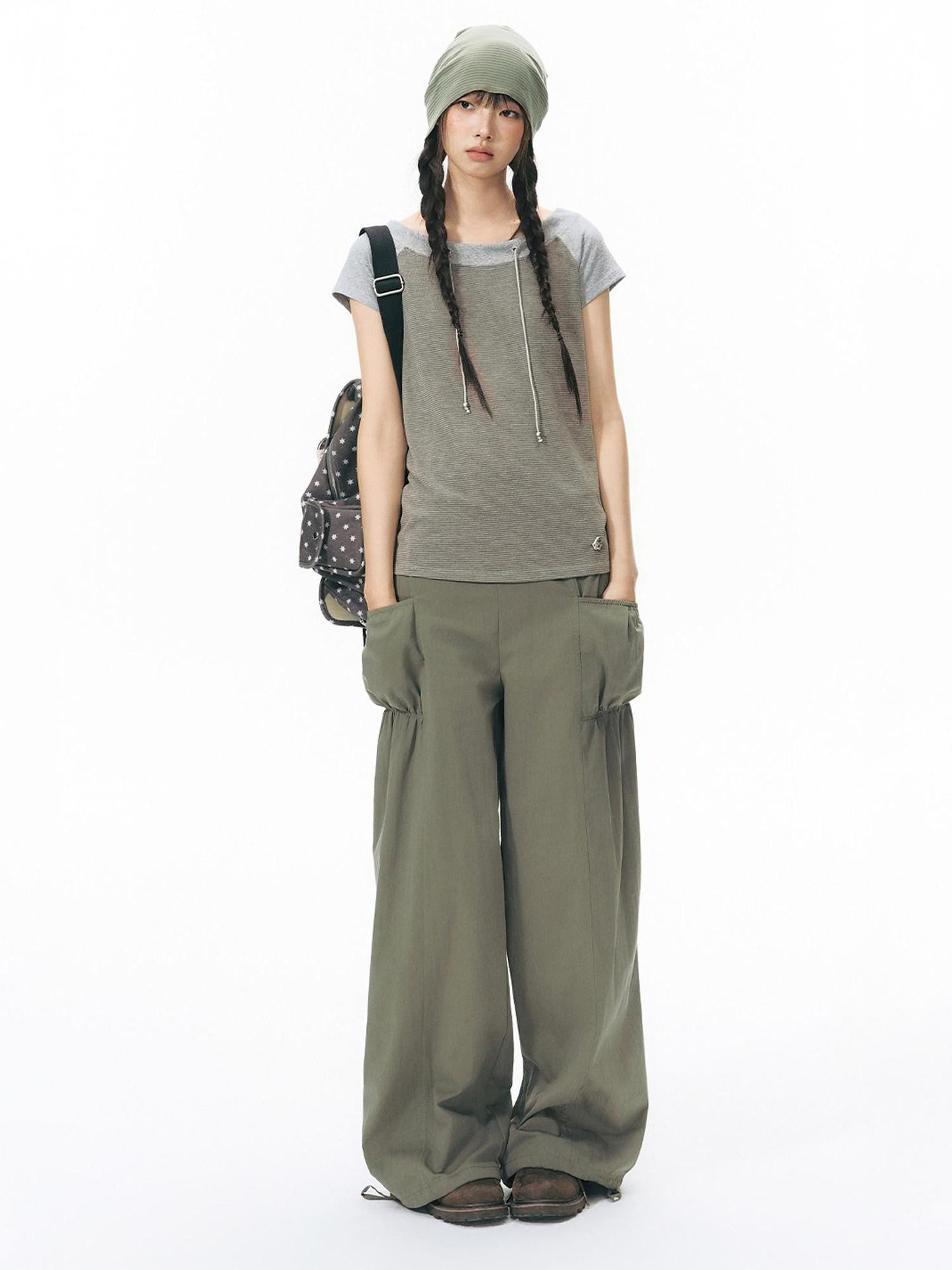 NAPSNAPS Low Rise Patchwork Breathable Pockets Wide Leg Women&