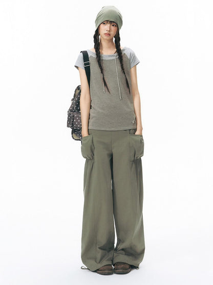 NAPSNAPS Low Rise Patchwork Breathable Pockets Wide Leg Women&