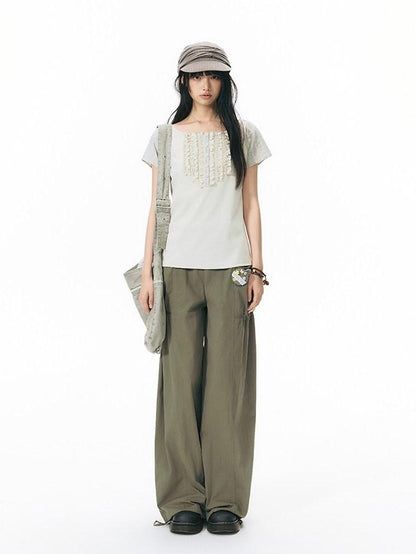 NAPSNAPS Low Rise Patchwork Breathable Pockets Wide Leg Women&