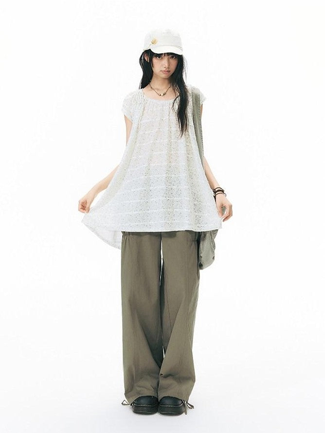 NAPSNAPS Low Rise Patchwork Breathable Pockets Wide Leg Women&