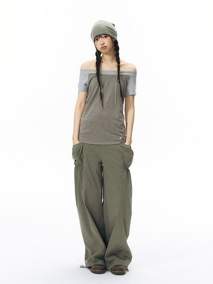 NAPSNAPS Low Rise Patchwork Breathable Pockets Wide Leg Women&