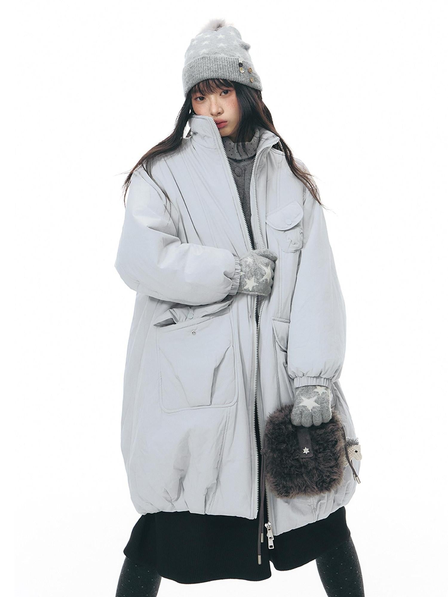 NAPSNAPS Mid Length Stand Collar Large Pocket Straight Fit Women&