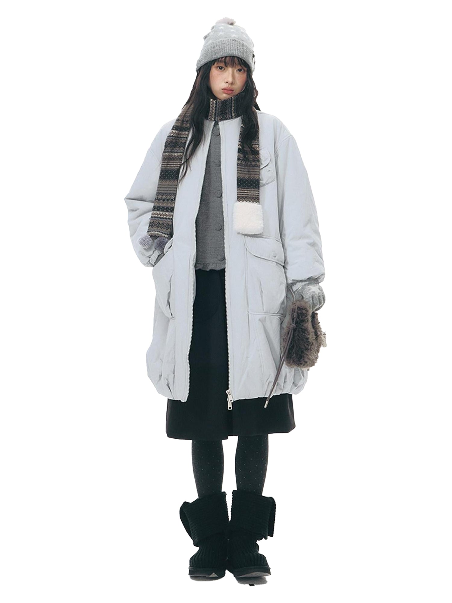 NAPSNAPS Mid Length Stand Collar Large Pocket Straight Fit Women&