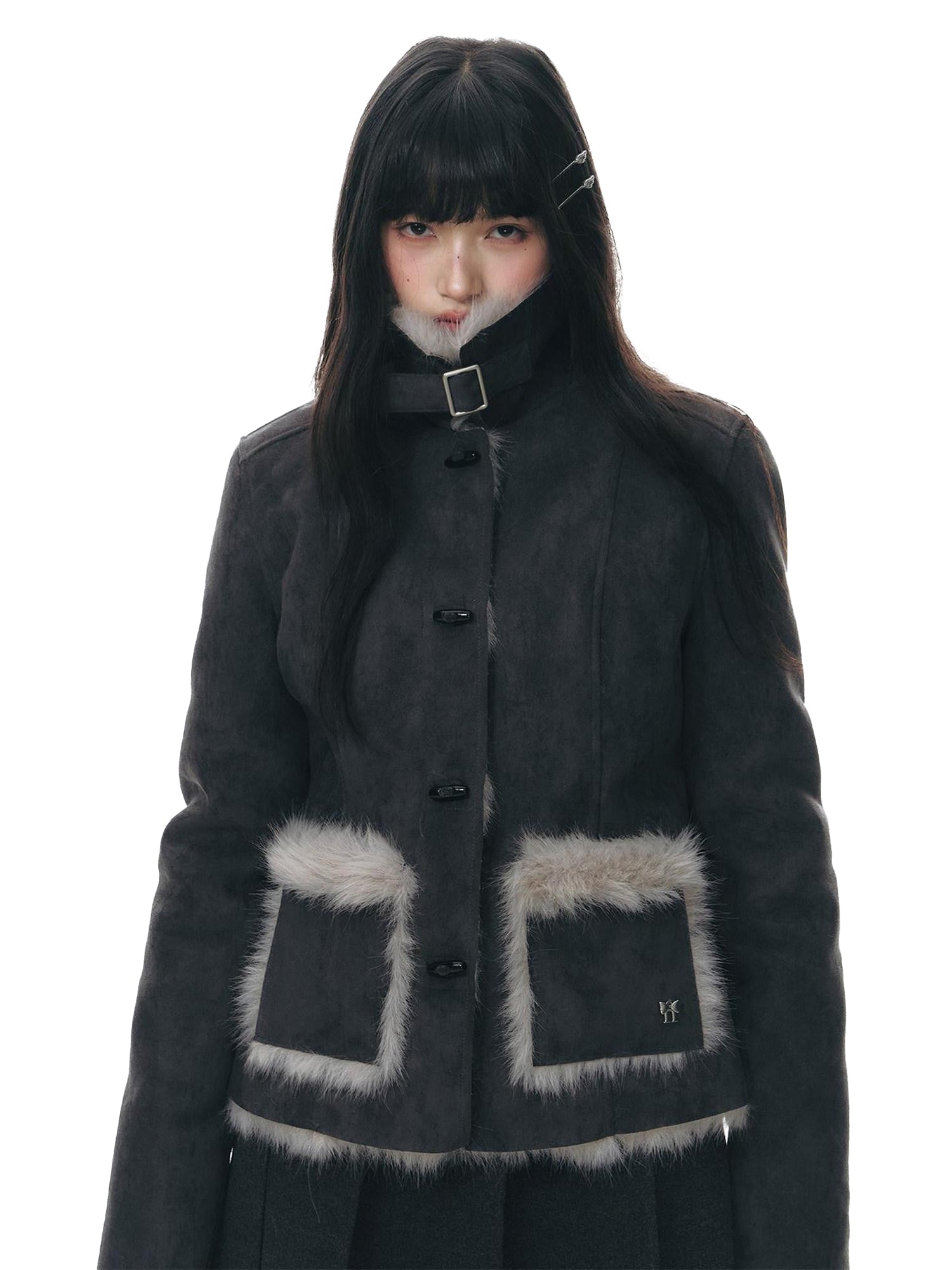 NAPSNAPS Mid Length Toggle Faux Fur Lapel Slim Women&