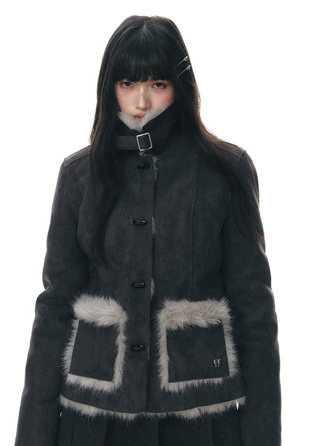 NAPSNAPS Mid Length Toggle Faux Fur Lapel Slim Women&