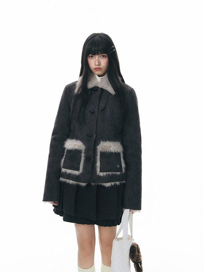 NAPSNAPS Mid Length Toggle Faux Fur Lapel Slim Women&