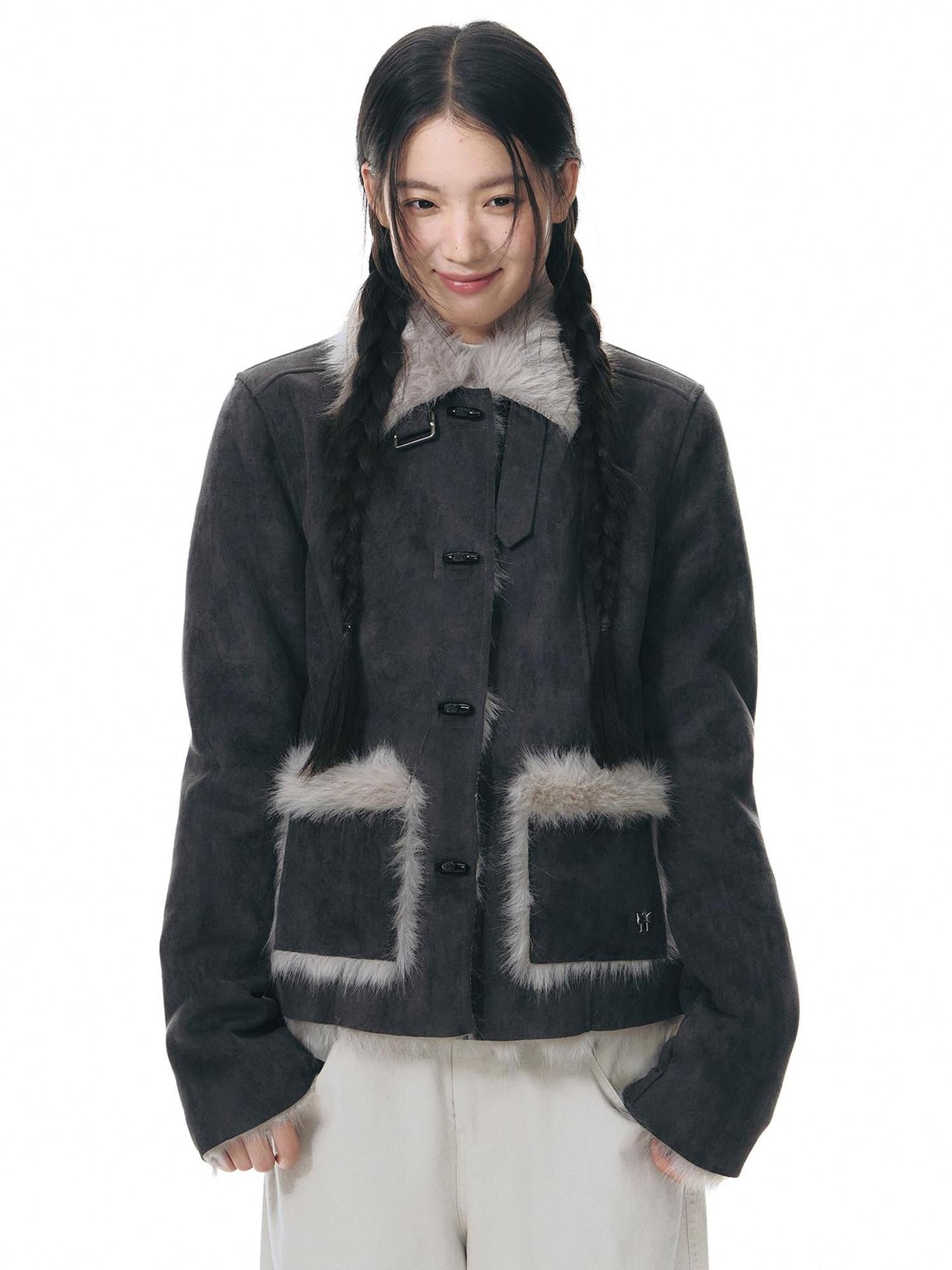 NAPSNAPS Mid Length Toggle Faux Fur Lapel Slim Women&
