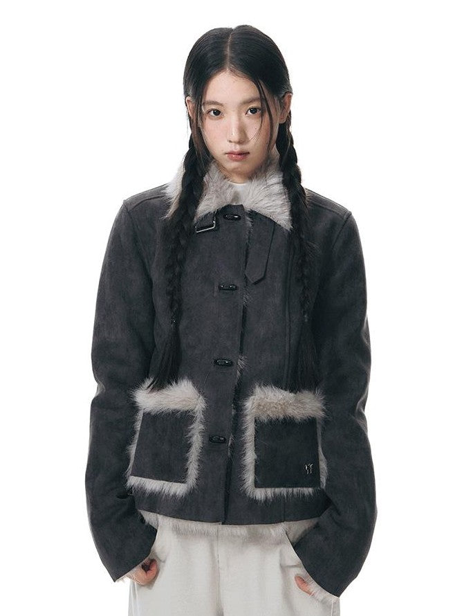 NAPSNAPS Mid Length Toggle Faux Fur Lapel Slim Women&