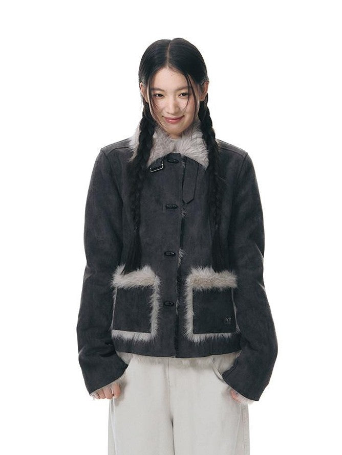 NAPSNAPS Mid Length Toggle Faux Fur Lapel Slim Women&