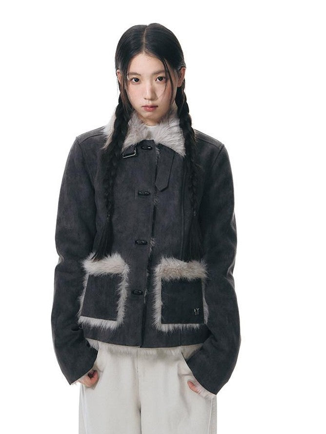 NAPSNAPS Mid Length Toggle Faux Fur Lapel Slim Women&