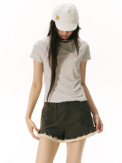 NAPSNAPS Military Green Patchwork Lace Trim Women&