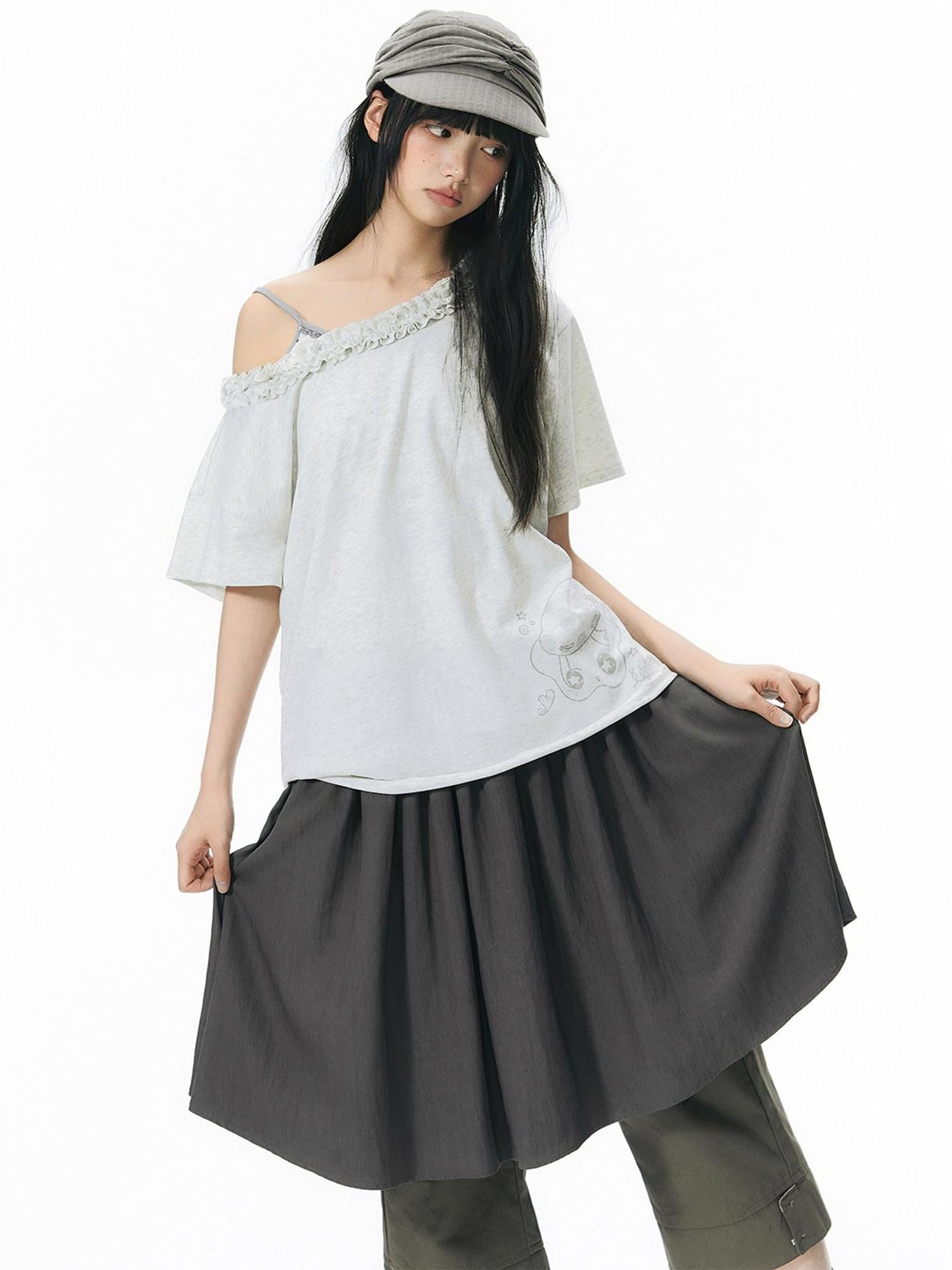 NAPSNAPS Mottled Cream Printed Ruffle Edge Asymmetric Women&