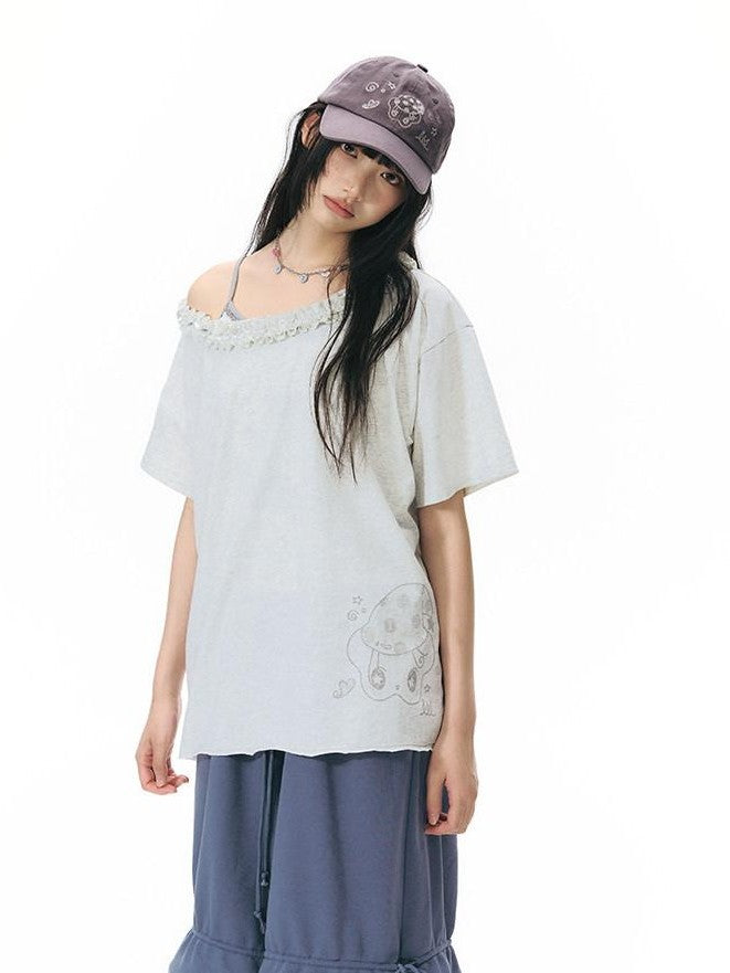 NAPSNAPS Mottled Cream Printed Ruffle Edge Asymmetric Women&