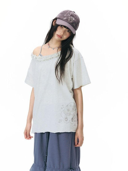 NAPSNAPS Mottled Cream Printed Ruffle Edge Asymmetric Women&