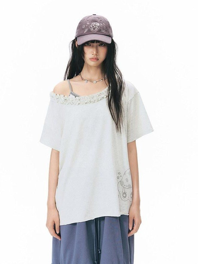 NAPSNAPS Mottled Cream Printed Ruffle Edge Asymmetric Women&