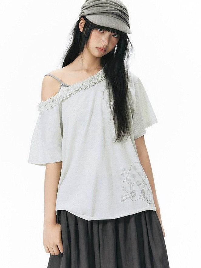 NAPSNAPS Mottled Cream Printed Ruffle Edge Asymmetric Women&