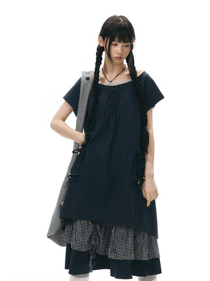 NAPSNAPS Navy Check Vintage Large Pocket Pleated Women&