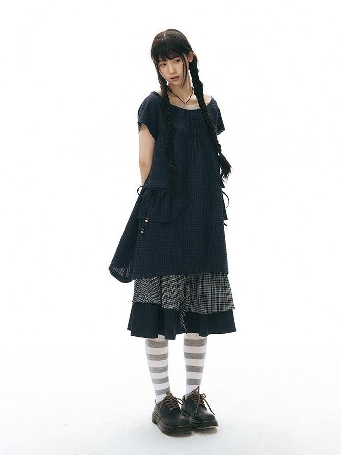 NAPSNAPS Navy Check Vintage Large Pocket Pleated Women&