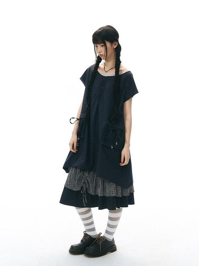 NAPSNAPS Navy Check Vintage Large Pocket Pleated Women&