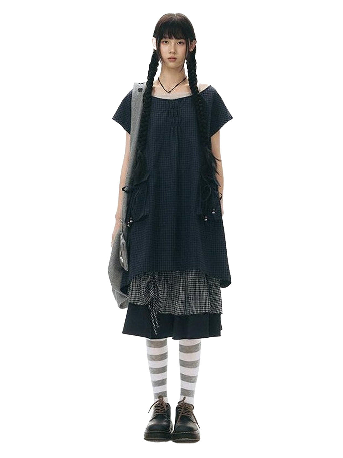 NAPSNAPS Navy Check Vintage Large Pocket Pleated Women&