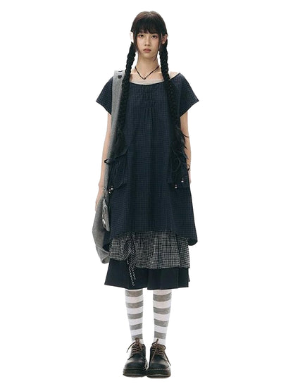NAPSNAPS Navy Check Vintage Large Pocket Pleated Women&