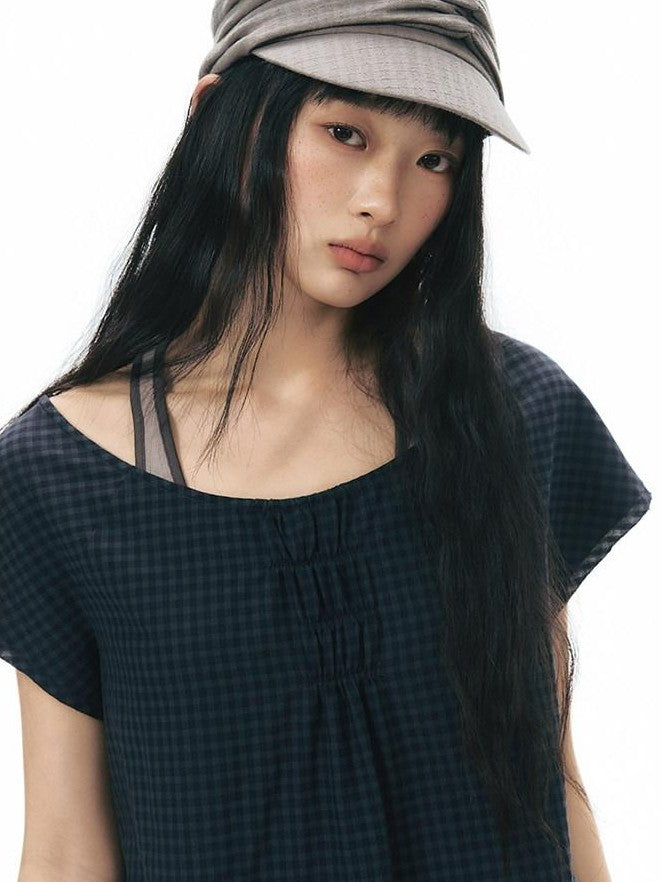 NAPSNAPS Navy Check Vintage Large Pocket Pleated Women&