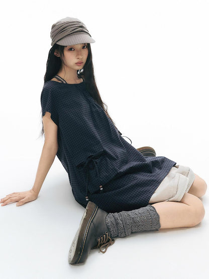 NAPSNAPS Navy Check Vintage Large Pocket Pleated Women&