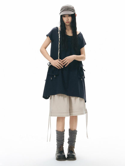 NAPSNAPS Navy Check Vintage Large Pocket Pleated Women&
