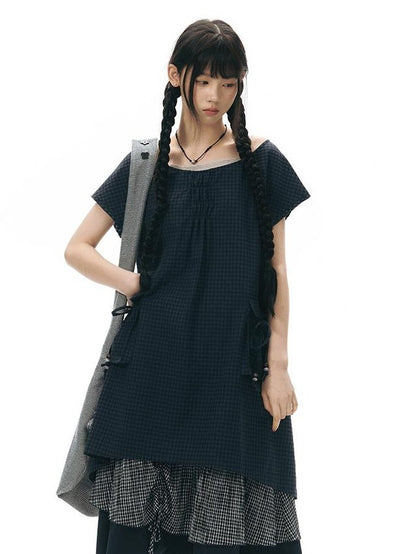 NAPSNAPS Navy Check Vintage Large Pocket Pleated Women&