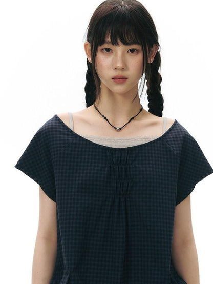 NAPSNAPS Navy Check Vintage Large Pocket Pleated Women&