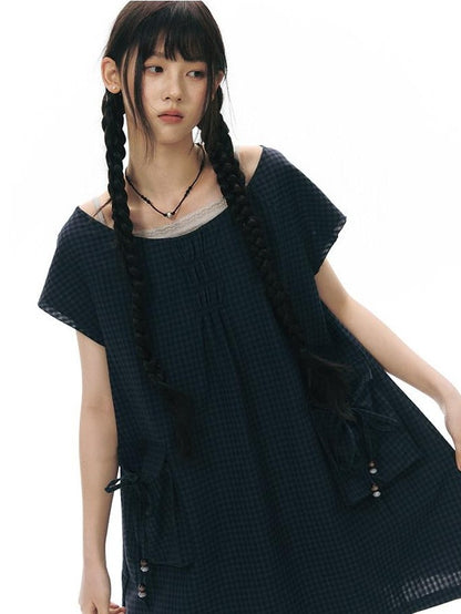 NAPSNAPS Navy Check Vintage Large Pocket Pleated Women&