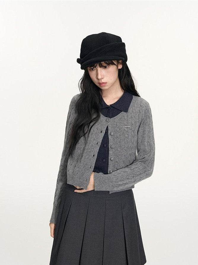 NAPSNAPS Navy Contrast Mock Two Piece Polo Collar Twist Cable Women&