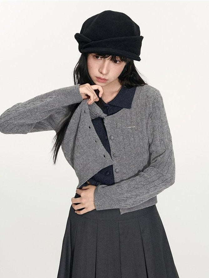 NAPSNAPS Navy Contrast Mock Two Piece Polo Collar Twist Cable Women&