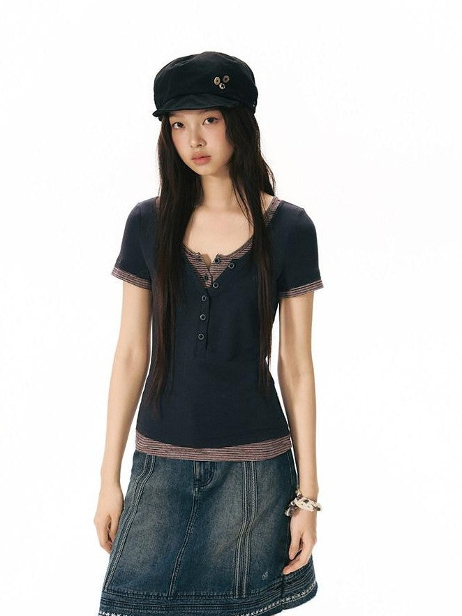 NAPSNAPS Navy Gray Striped Spliced Faux Two Piece Women&