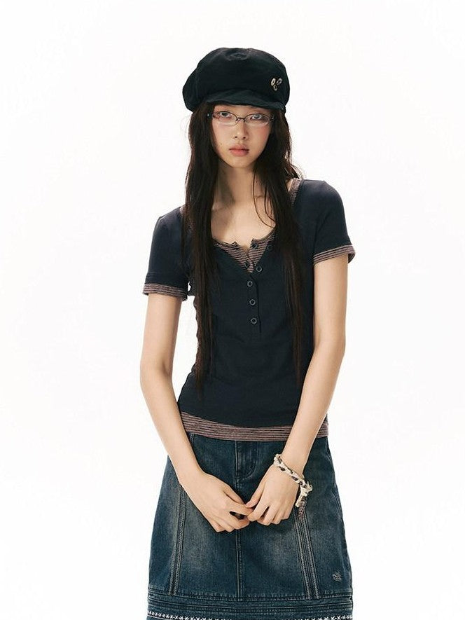 NAPSNAPS Navy Gray Striped Spliced Faux Two Piece Women&