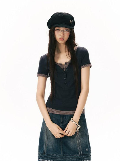 NAPSNAPS Navy Gray Striped Spliced Faux Two Piece Women&