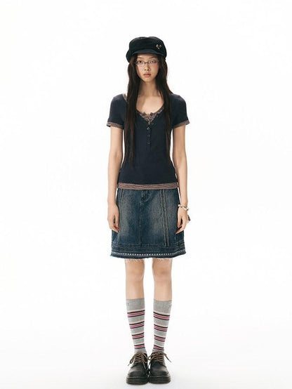 NAPSNAPS Navy Gray Striped Spliced Faux Two Piece Women&
