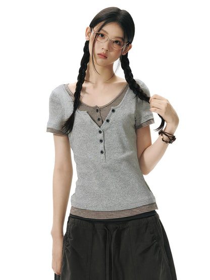 NAPSNAPS Navy Gray Striped Spliced Faux Two Piece Women&
