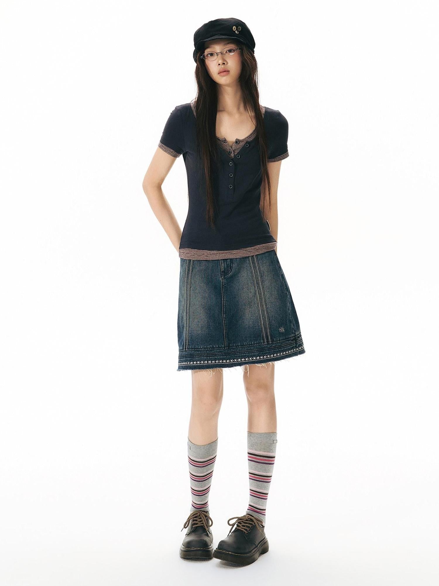 NAPSNAPS Navy Gray Striped Spliced Faux Two Piece Women&