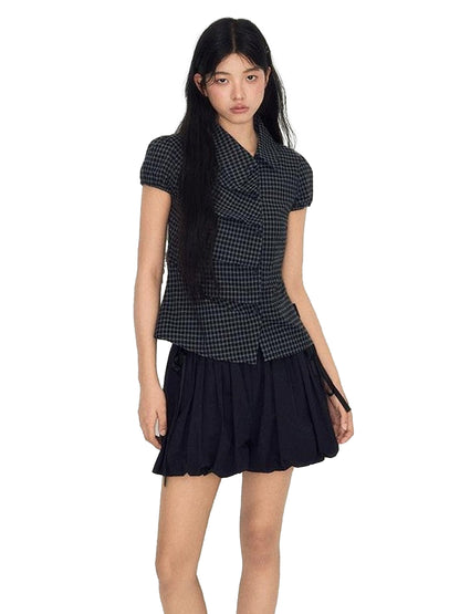 NAPSNAPS Navy Plaid Asymmetric Placket Pleated Women&
