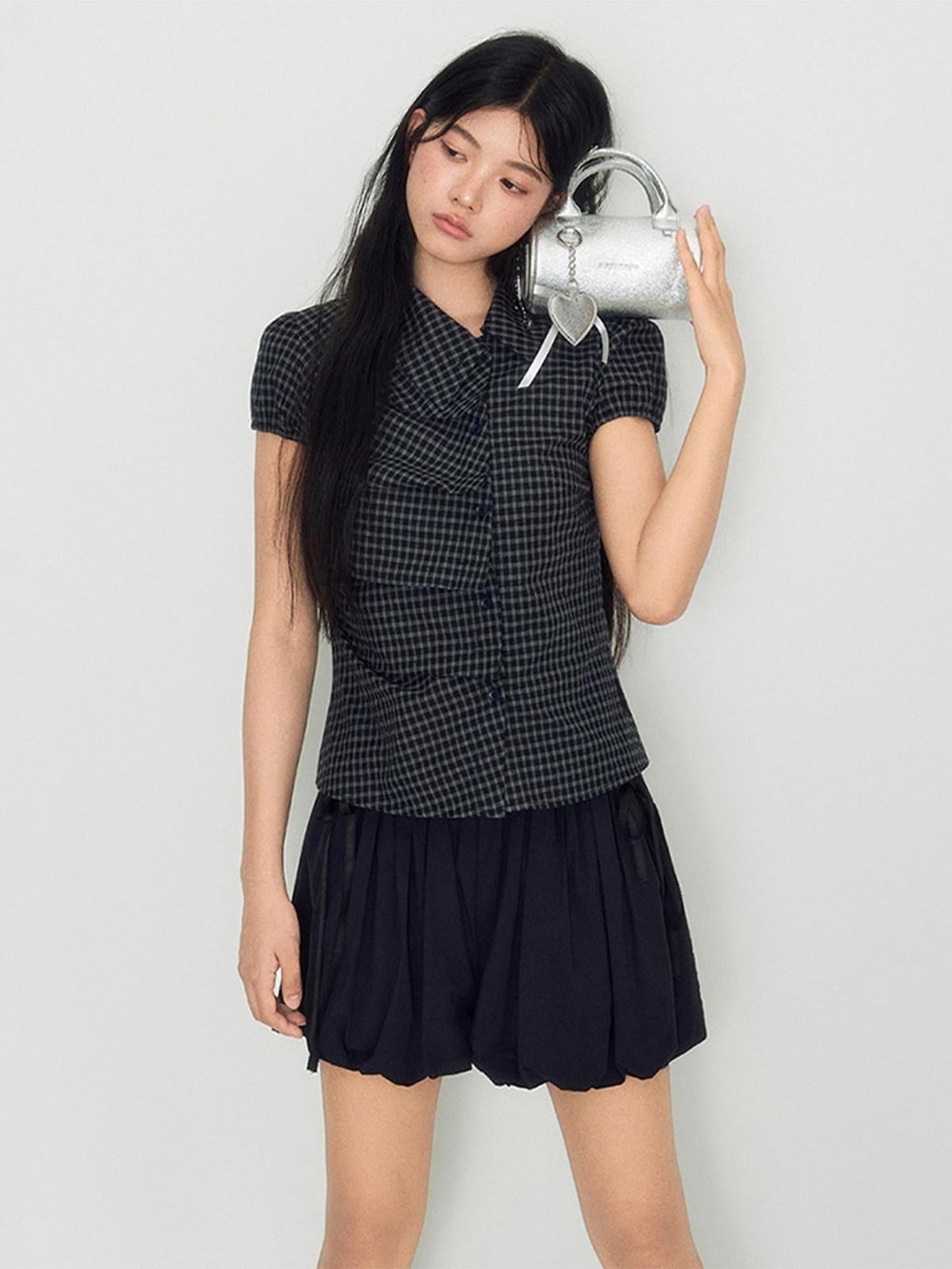 NAPSNAPS Navy Plaid Asymmetric Placket Pleated Women&