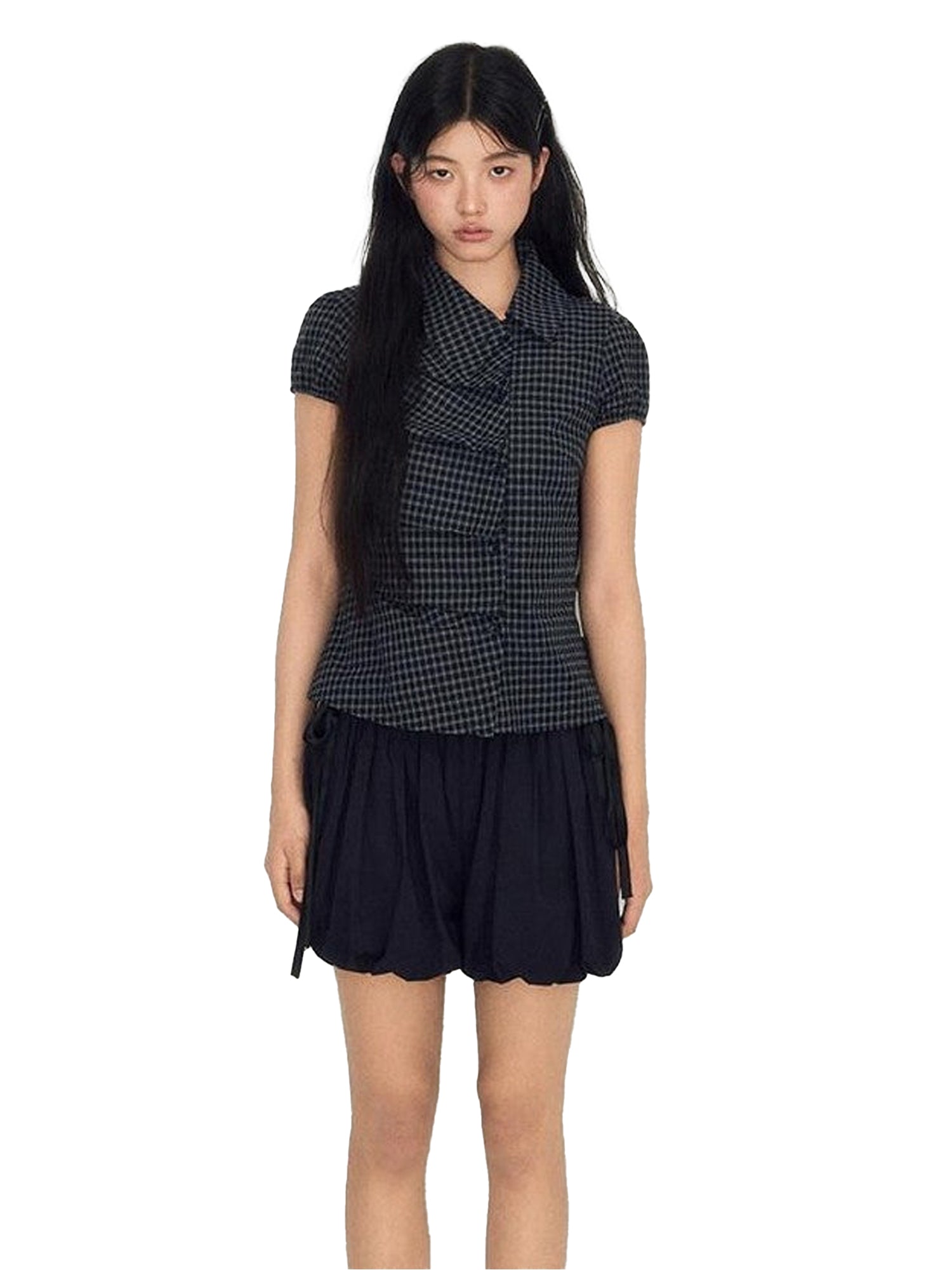 NAPSNAPS Navy Plaid Asymmetric Placket Pleated Women&