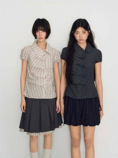NAPSNAPS Navy Plaid Asymmetric Placket Pleated Women&