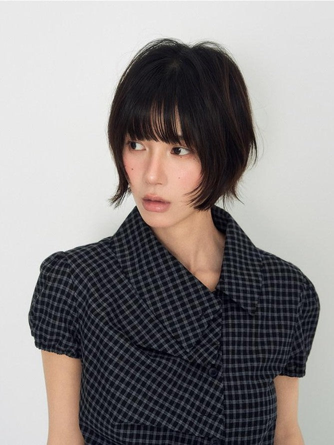 NAPSNAPS Navy Plaid Asymmetric Placket Pleated Women&