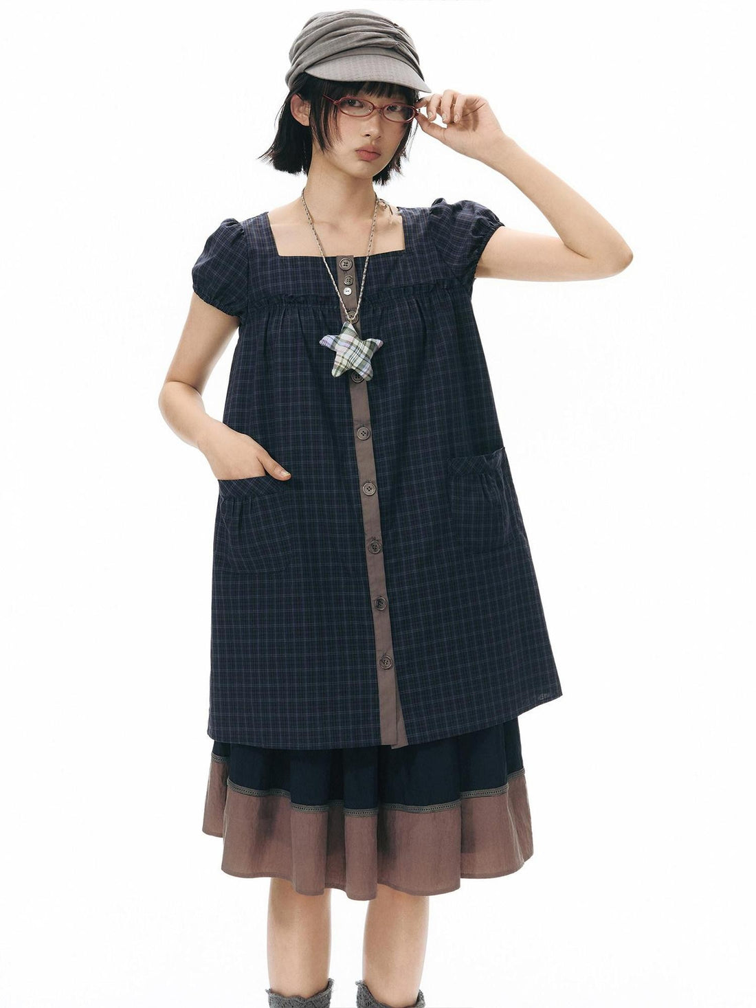 NAPSNAPS Navy Plaid Button Puff Sleeve Women&