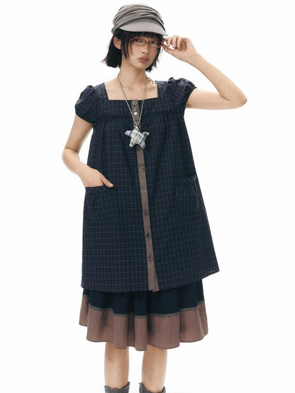 NAPSNAPS Navy Plaid Button Puff Sleeve Women&