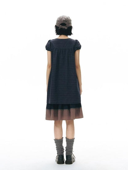 NAPSNAPS Navy Plaid Button Puff Sleeve Women&